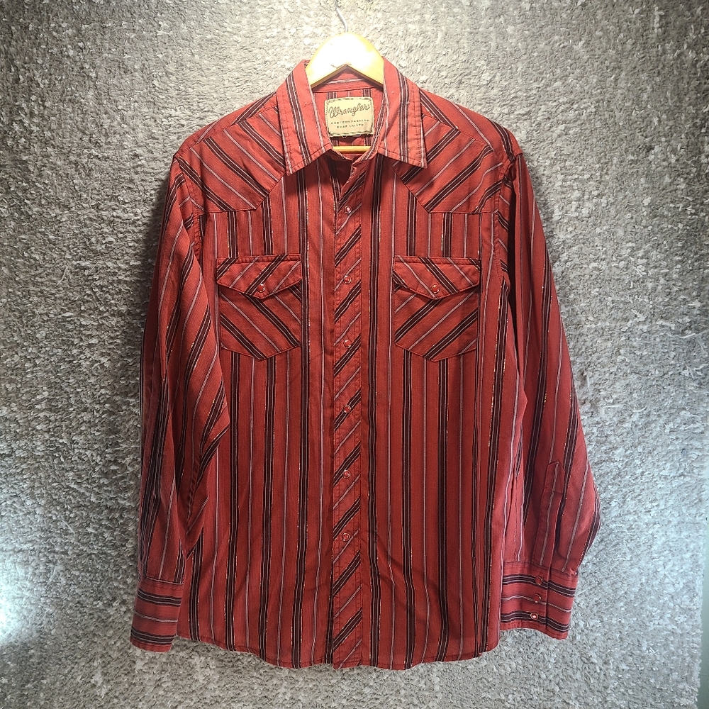 Wrangler Mens Striped Red‎ Multicolor Western Pearl Snap w/Pockets Shirt
